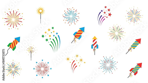 Colorful Fireworks and Rockets Displayed Against a White Background for Celebration.