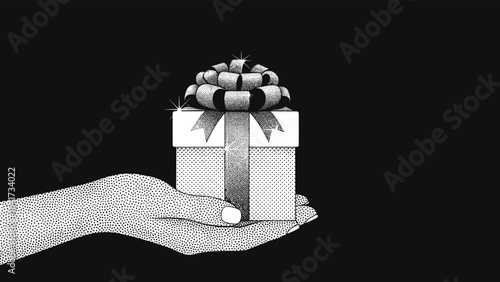 A striking monochrome illustration of a hand holding a sparkling gift box against a solid black background in a detailed dot-art style.