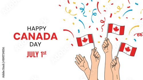 Happy Canada Day celebration banner featuring multiple hands waving small Canadian flags amidst falling confetti on a white background.