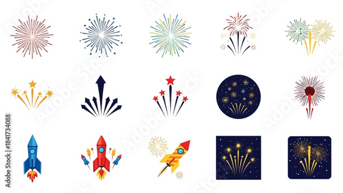 Colorful Fireworks Display Set Against a White Background for Celebration.
