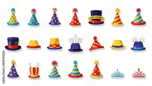 Colorful party hats and tiaras collection for festive celebrations and events.