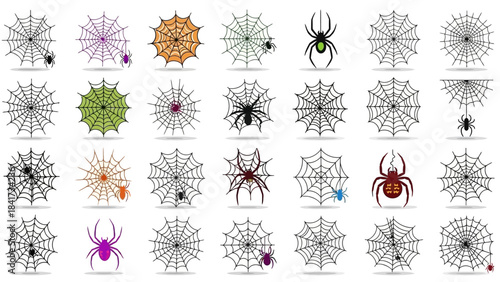 Collection of various spider webs with spiders, perfect for Halloween designs.