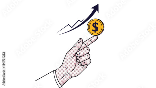 A financial growth and investment concept showing a hand balancing a dollar coin with a rising arrow graph in the background.