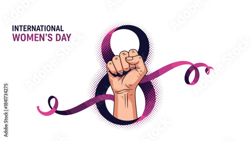 A powerful design for International Women's Day featuring a raised fist in front of the number eight with a flowing purple ribbon.