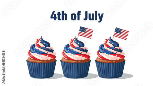A festive illustration for the 4th of July, featuring three patriotic cupcakes with red, white, and blue frosting and small USA flags.
