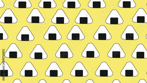 A cute and simple seamless pattern of Japanese onigiri rice balls with nori seaweed on a solid bright yellow background.