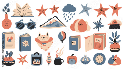 Large collection of cute and cozy hygge-themed hand-drawn doodle elements isolated on a white background for scrapbooking or stickers.