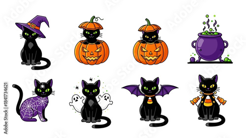 Cute Black Cat Halloween Characters Set on White Background.
