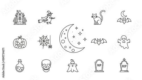 Halloween Icons Set Outline Style Collection.