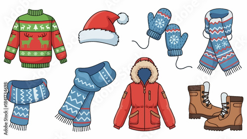 Collection of Winter Clothing and Accessories for Cold Weather.