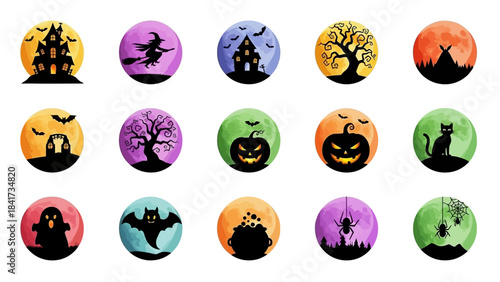 Halloween Themed Circular Silhouettes on White Background.