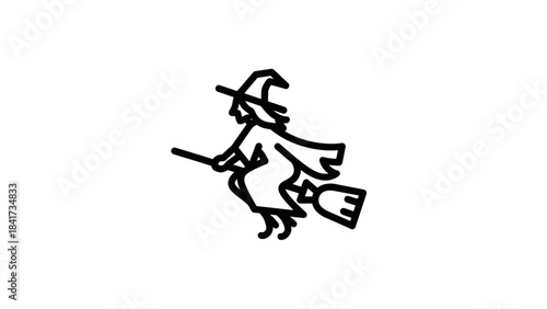 Halloween Witch Flying on a Broomstick Simple Line Art.