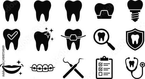Dental care icon set collection, stomatology and orthodontics symbols, teeth hygiene, implant, braces, medical tools, black vector silhouette, oral health.