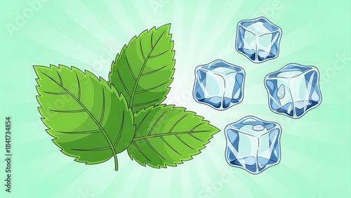 Fresh Green Mint Leaves and Clear Ice Cubes on a Light Green Background.