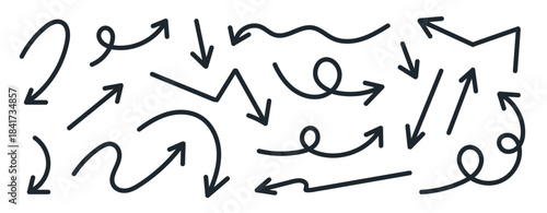 Hand drawn arrow set illustration, abstract direction and movement symbols navigation, flow, process and guidance concept isolated on white background flat vector illustration.