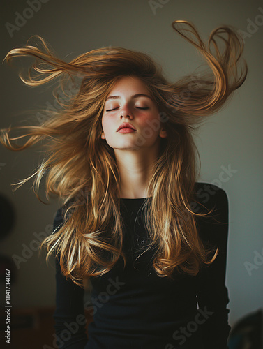A young woman with flowing golden hair caught in graceful mid-air motion, eyes closed in calm focus, symbolizing inner balance and emotional freedom.