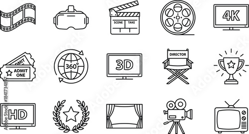 Cinema entertainment icons set featuring film reel, director tools, VR headset, 3D display, HD screen, awards, tickets, and movie production symbols, vector illustration