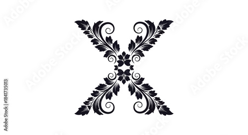 An ornate floral capital x design with swirling patterns and detailed leaves a striking silhouette