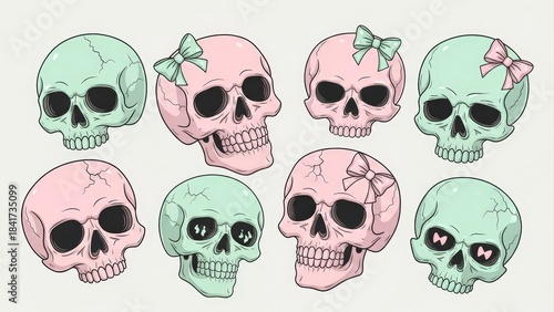 Set of eight pastel colored skulls with bows, a unique and artistic collection.
