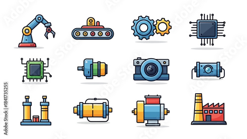 Industrial Technology and Manufacturing Icons Set with Robotic Arm and Gears.