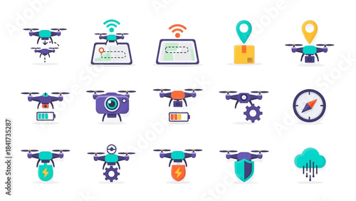 Drone technology icons and symbols for aerial photography and delivery.