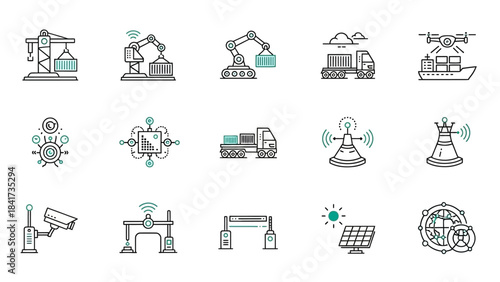 Industrial Technology Icons Representing Automation and Logistics.