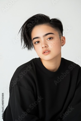 Nonbinary teen expressing identity through an edgy asymmetrical haircut in a minimalist studio portrait.