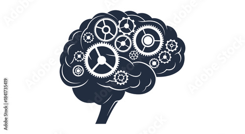 A detailed illustration of a human brain composed of intricate gears and cogs a silhouette