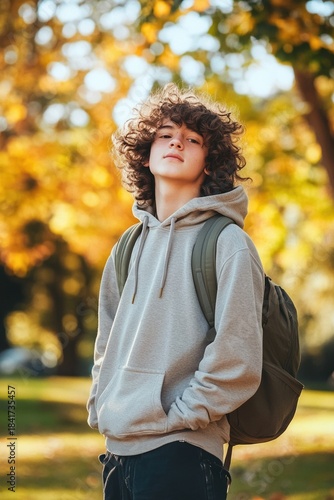Teen boy embracing his natural curly hair in a relaxed outdoor portrait.