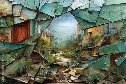 A surreal, fragmented landscape viewed through shattered glass, revealing a hauntingly beautiful scene of decay and urban abandonment.