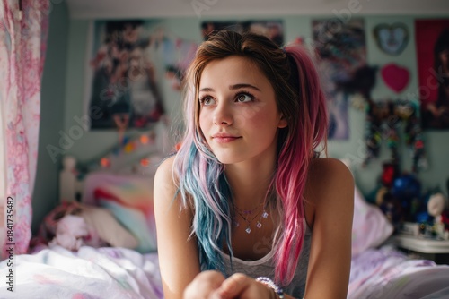 Teen Girl with Creative Dip-Dye Hair Expressing Personal Identity in a Cozy Bedroom Scene