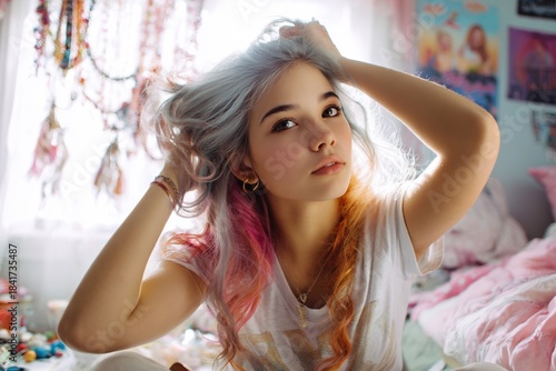 Teen girl showing colorful dip-dye hair as a form of self-expression in a cozy bedroom.