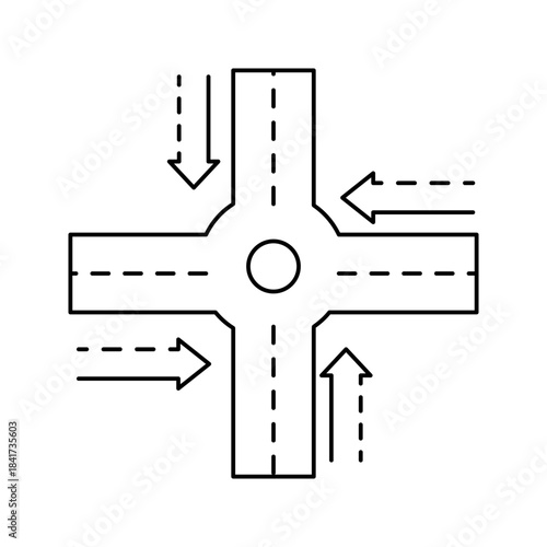 Roundabout Traffic Intersection Icon Black and white roundabout intersection icon showing directional arrows and traffic flow lanes. Simple flat design suitable for transportation, navigation, and roa