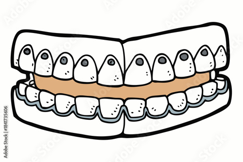 Hand drawn vector illustration of a tooth, apple, and fast food hot dog sandwich with mustard and ketchup