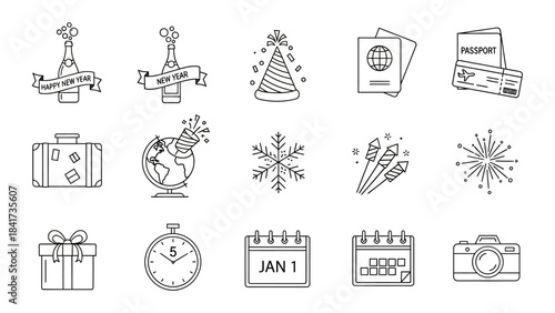 New Year Celebration and Travel Icons Collection.