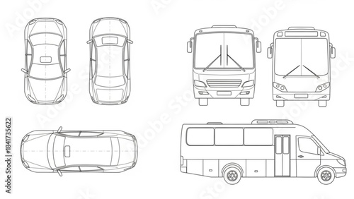 Detailed technical drawing of a passenger bus in multiple views