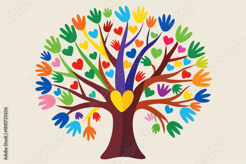 Colorful abstract vector tree illustration with spring flowers and autumn leaves