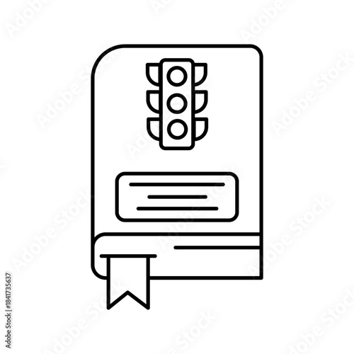 Traffic Rules Guidebook Icon  Line art illustration of a traffic rulebook featuring a traffic light symbol on the cover. Simple and clean icon suitable for driving education, road safety guidelines, m