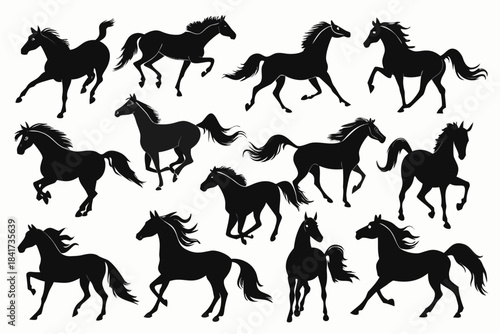 A collection of black vector silhouettes of running wild horses and farm animals