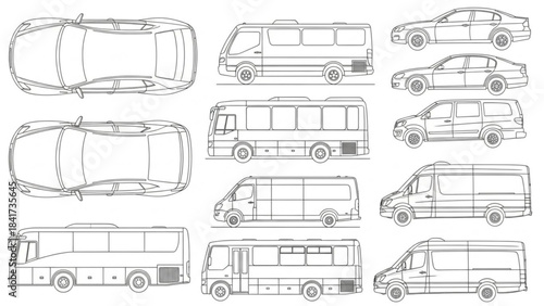 Detailed line drawings of various buses and vans in multiple views