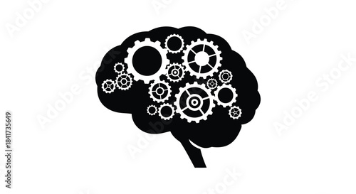 A conceptual depiction of a human brain filled with intricate gears and cogs silhouette
