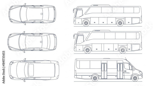 Detailed technical drawing of a passenger bus in multiple views