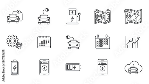 Electric car charging station and related icons collection.