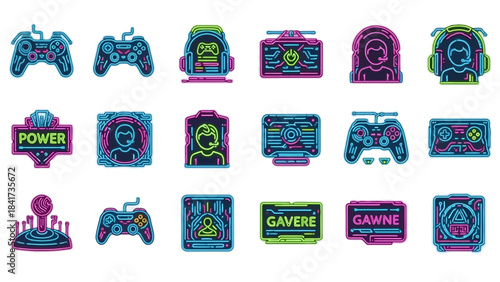 Neon gaming icons representing various game controllers and avatars.