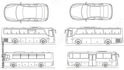 Detailed technical drawings of a modern city bus in multiple views