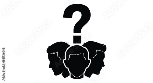 A striking black silhouette depicts a group of heads with a question mark above pondering thoughts