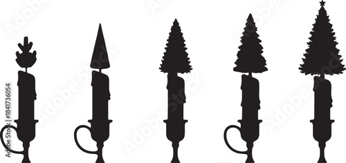 Five black silhouettes of candle holders with different candle shapes