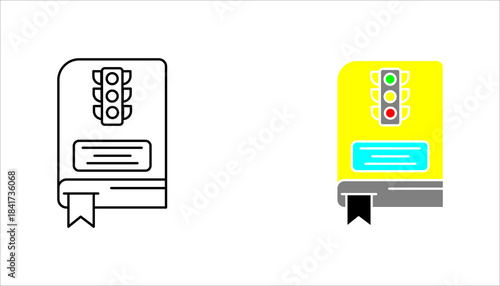 Traffic Rules Guidebook Icon set. art illustration of a traffic rulebook featuring a traffic light symbol on the cover. Simple and clean icon suitable for driving education, road safety guidelines, m