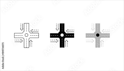 Roundabout Traffic Intersection Icon set. and white roundabout intersection icon showing directional arrows and traffic flow lanes. Simple flat design suitable for transportation, navigation, and roa