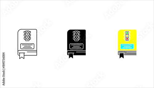 Traffic Rules Guidebook Icon set. art illustration of a traffic rulebook featuring a traffic light symbol on the cover. Simple and clean icon suitable for driving education, road safety guidelines, m